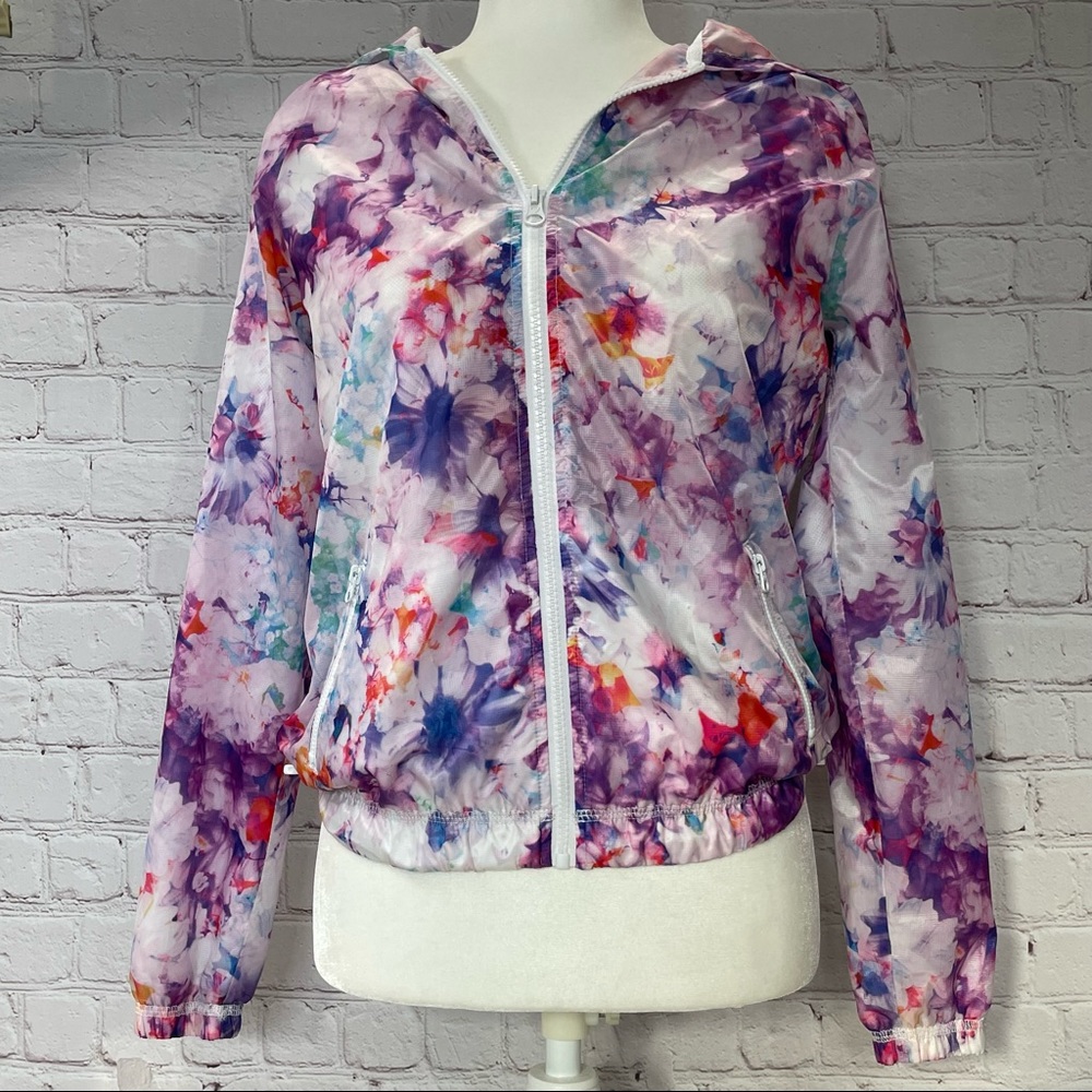 Aeropostale Live Love Dream Watercolor Floral Hooded Windbreaker Zip Jacket